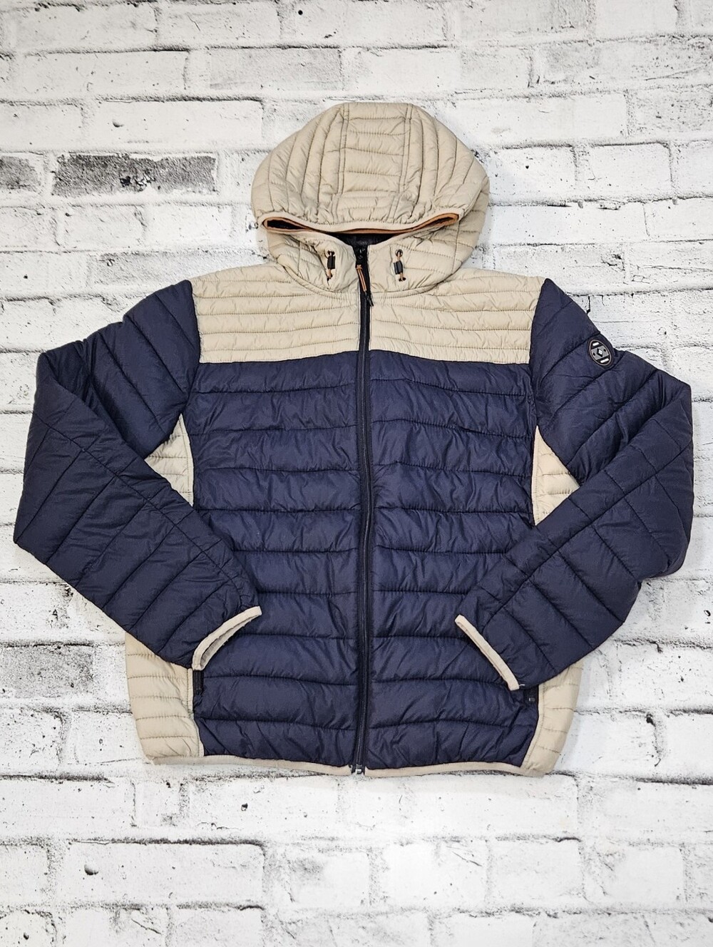 Point Zero Ultralight Navy Beige Hooded Puffer Jacket Heat Retention Size L